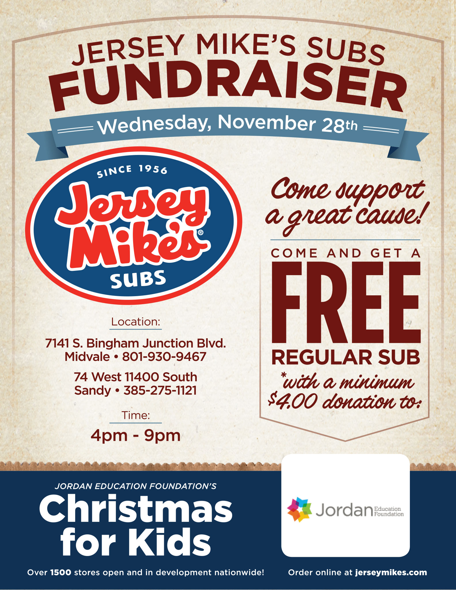 Jersey Mike's Subs Fundraiser for Jordan Education Foundation