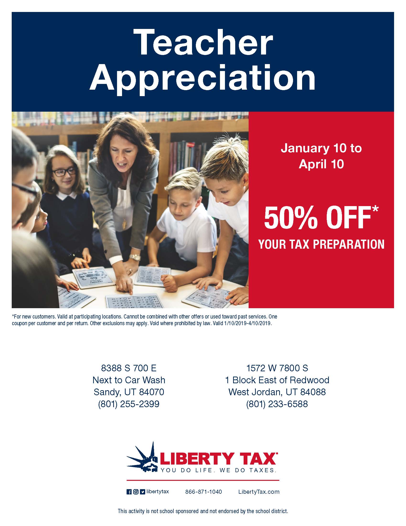 Teacher Appreciation | Jan. 10 - Apr. 10 | 50% Off Your Tax Preparation