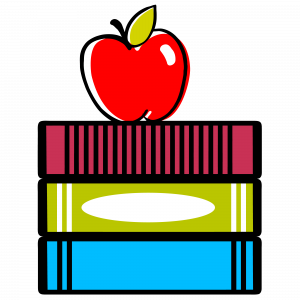 Graphic of books with apple