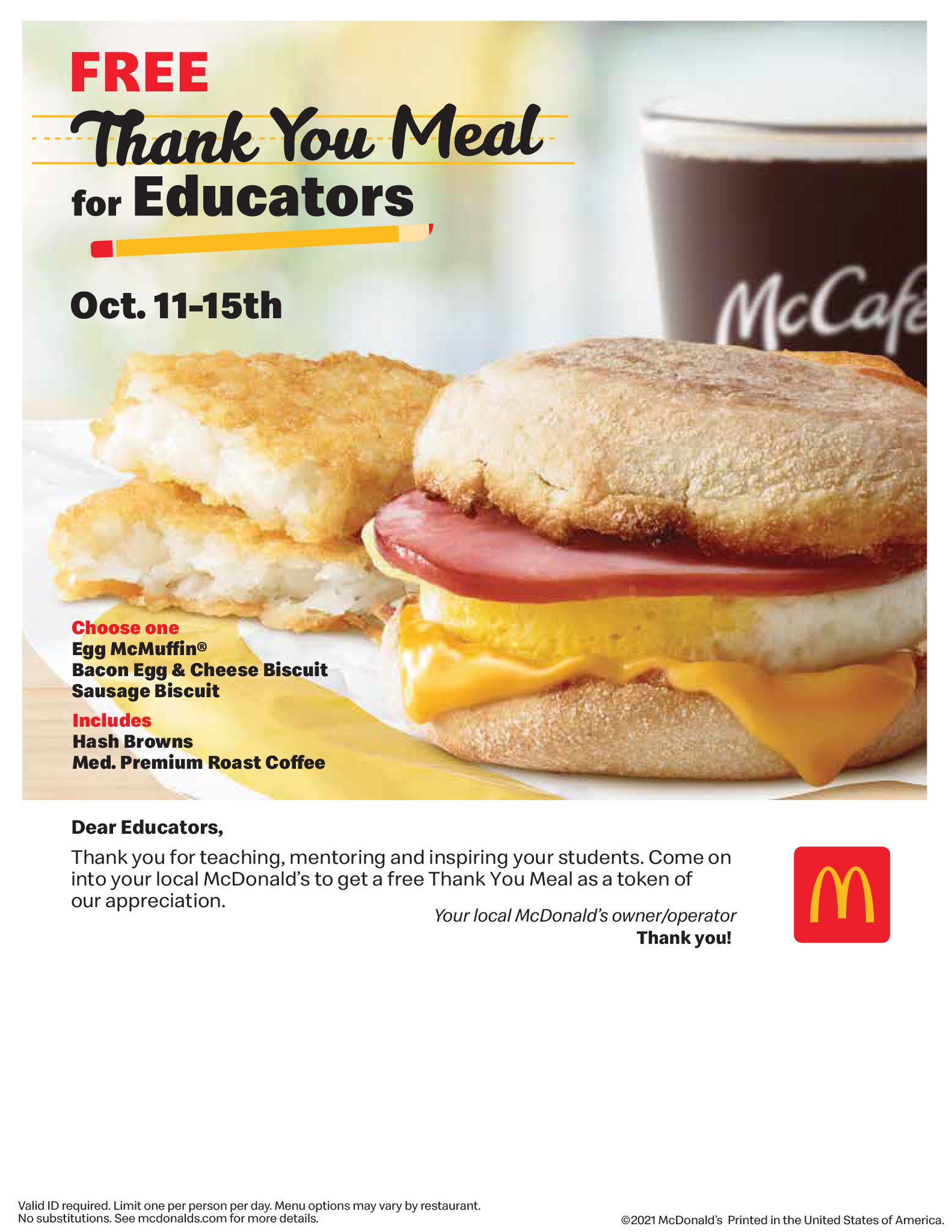McDonalds Free Thank You Meal for Educators Flyer