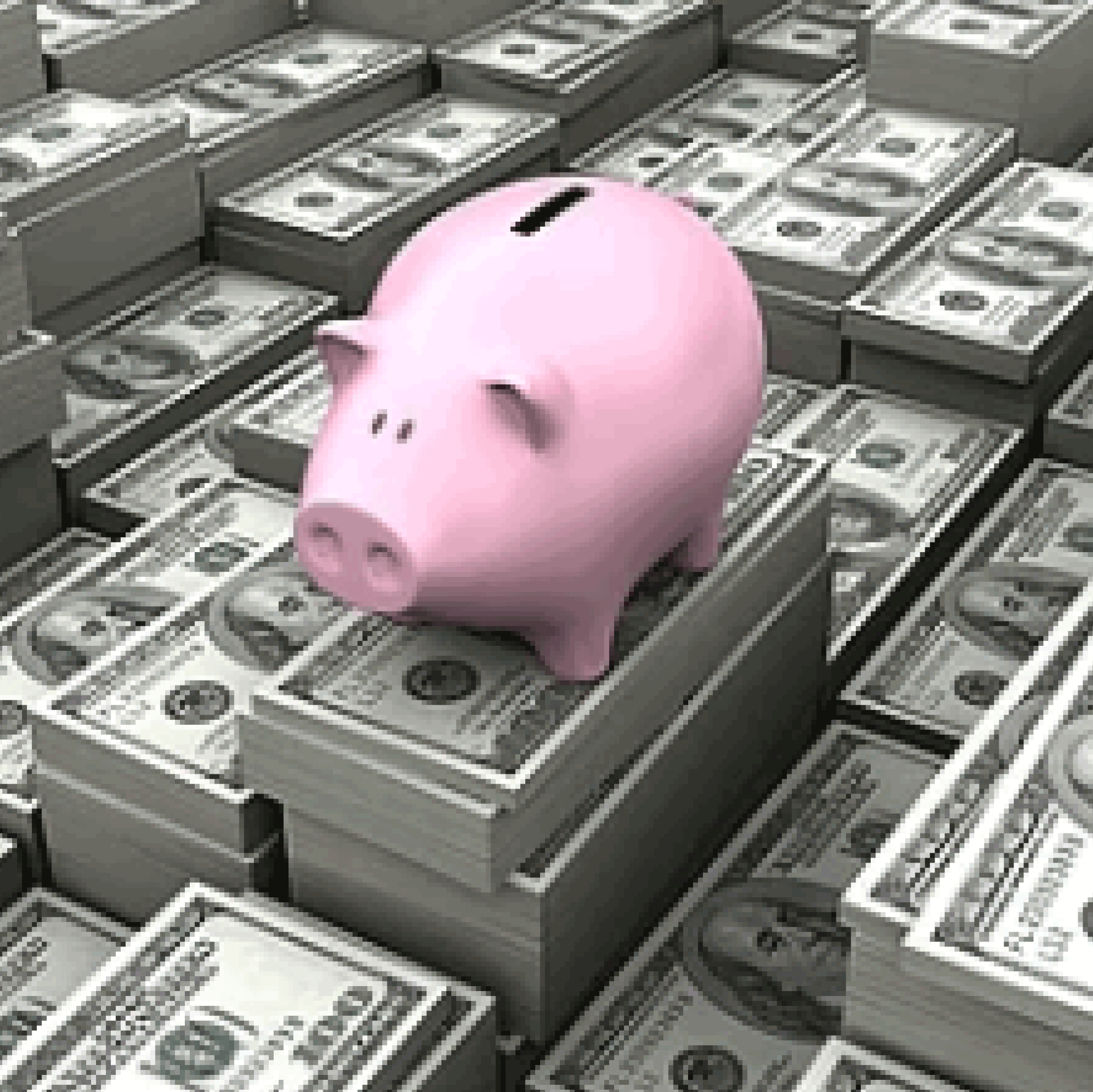 Piggy bank standing on money