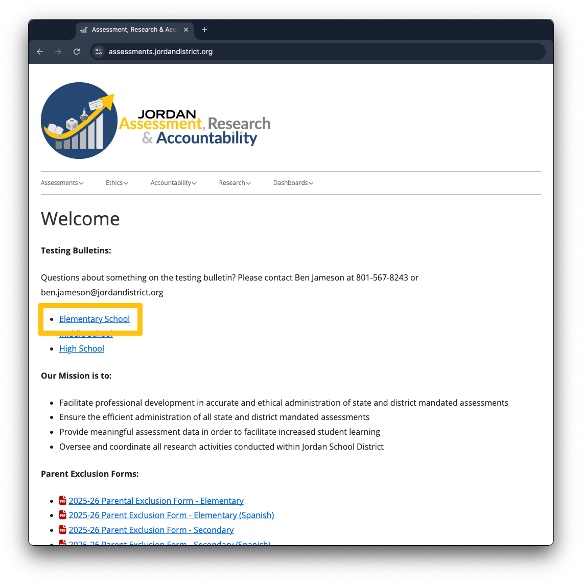 Testing Bulletin Link on Assessment website